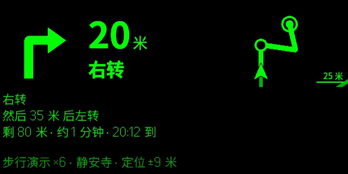 眼镜上的导航画面：左边是转向箭头和离路口的距离，右边是小地图